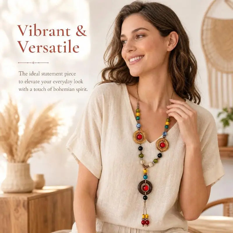 Boho Wooden Beaded Long Pendant Sweater Chain Necklace – Handmade Ethnic Style