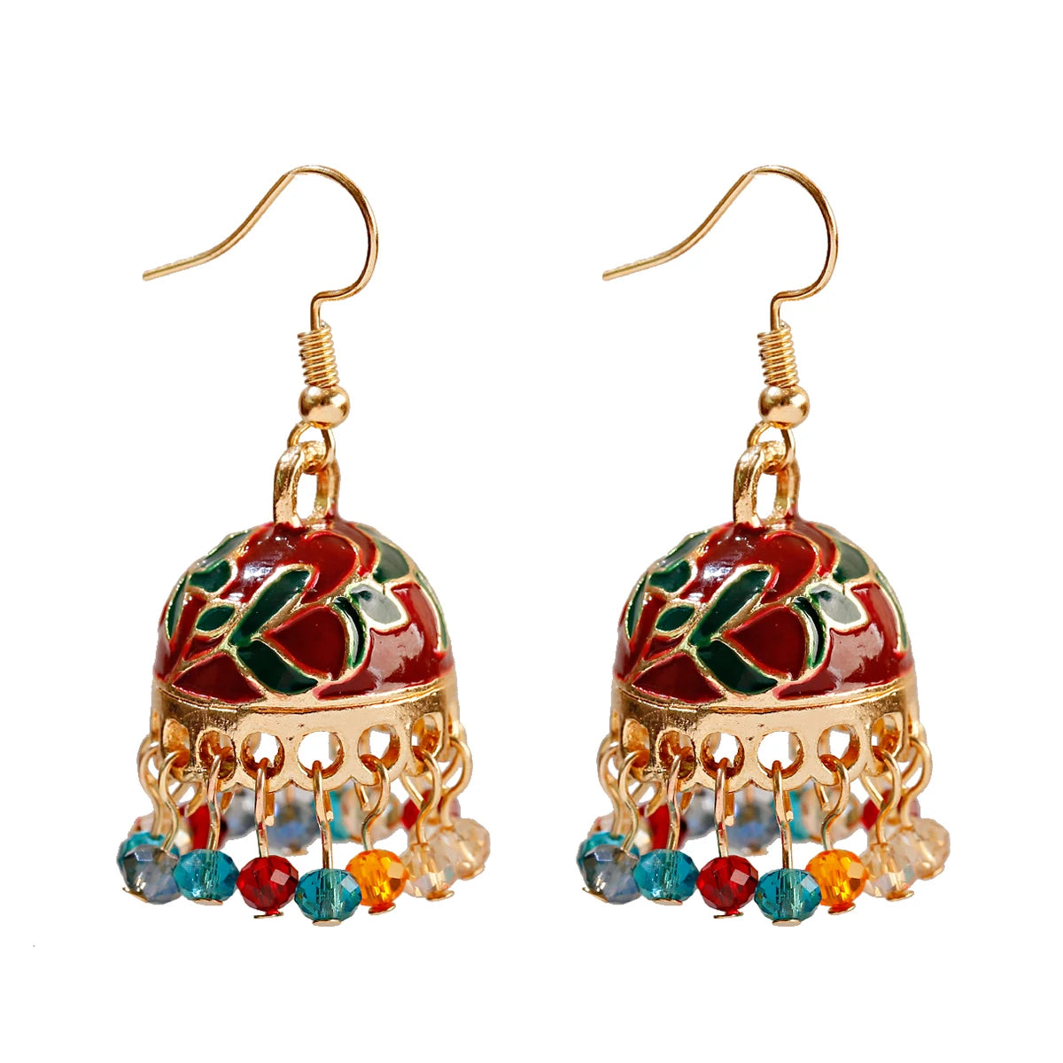 Boho Ethnic Flower Enamel & Bell Tassel Drop Earrings – Vintage Gold Crystal Bead