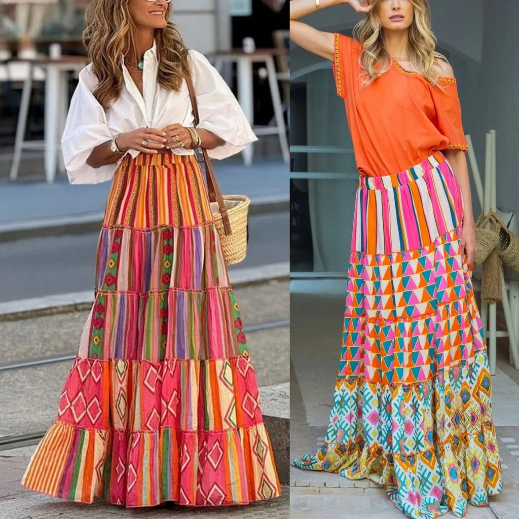 Casual Boho Print Skirt Elegant Elastic Waist A-line Ruffle Big Hem Skirt Beach Vacation Women's Clothing Loose Long Skirt