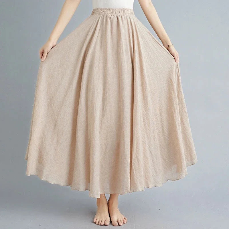 Boho Cotton Linen Maxi Skirt | Elastic Waist Pleated Floor-Length Skirt