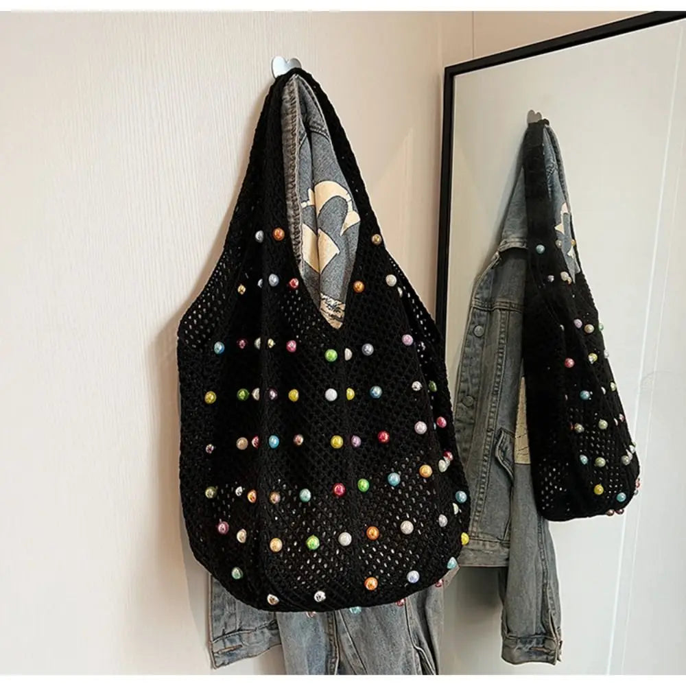 Boho Crochet Beach Tote Bag | Large Hollow Knit Bag with Colored Bead Detail