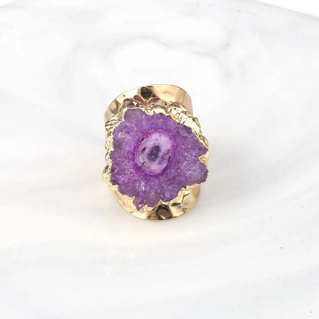 Boho Natural Agate Stone Sunflower Wide Open Ring – Gold Plated Adjustable in 6 Colors