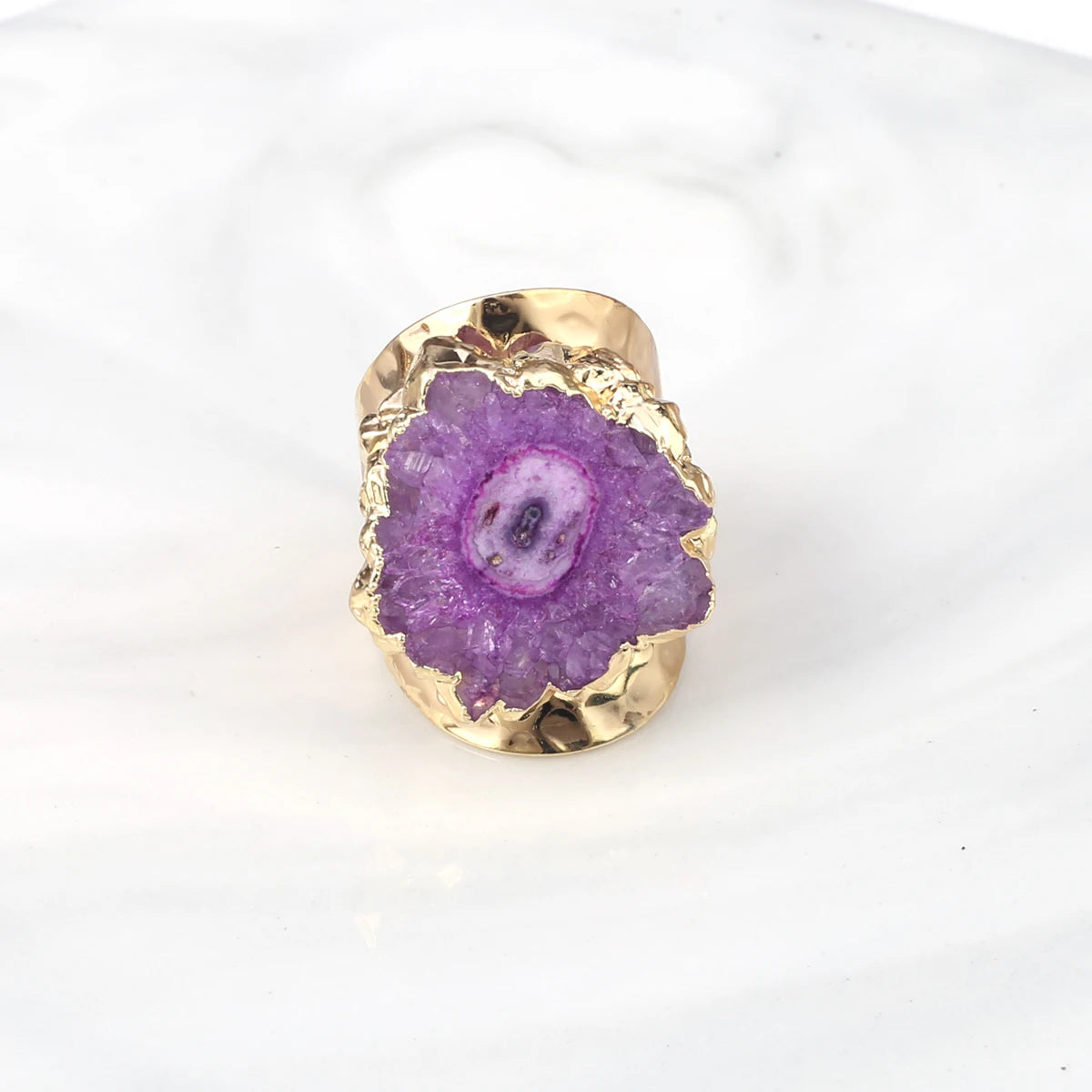 Boho Natural Agate Stone Sunflower Wide Open Ring – Gold Plated Adjustable in 6 Colors