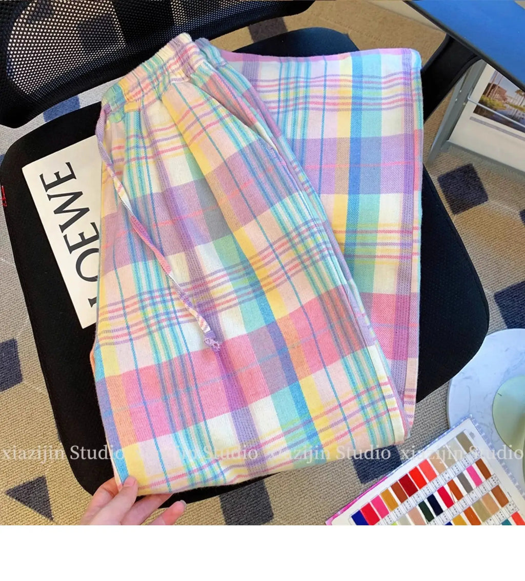 Color plaid wide-leg pants women's summer high waist retro Joker design loose pocket straight casual pants.