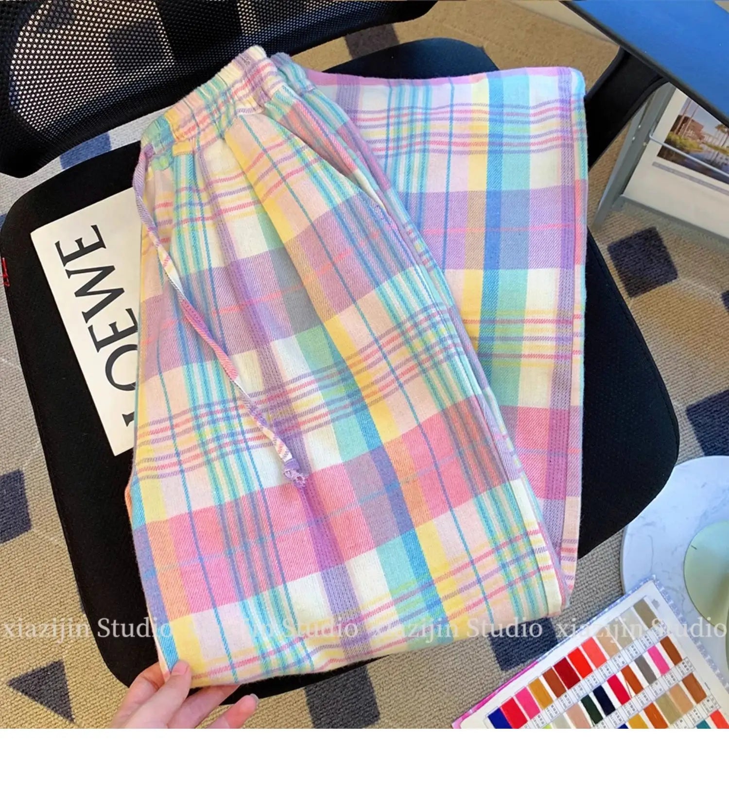 Color plaid wide-leg pants women's summer high waist retro Joker design loose pocket straight casual pants.