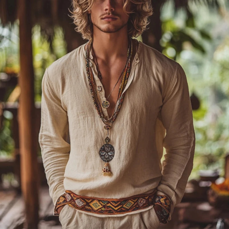 Boho Retro Henley Long Sleeve Shirt | Loose Fit Breathable Beach Top for Men