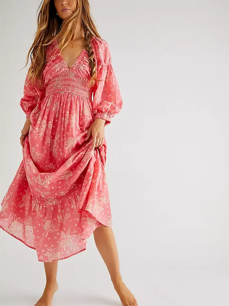 Floral Boho Midi Dress | V-Neck Puff Sleeve Hollow-Out