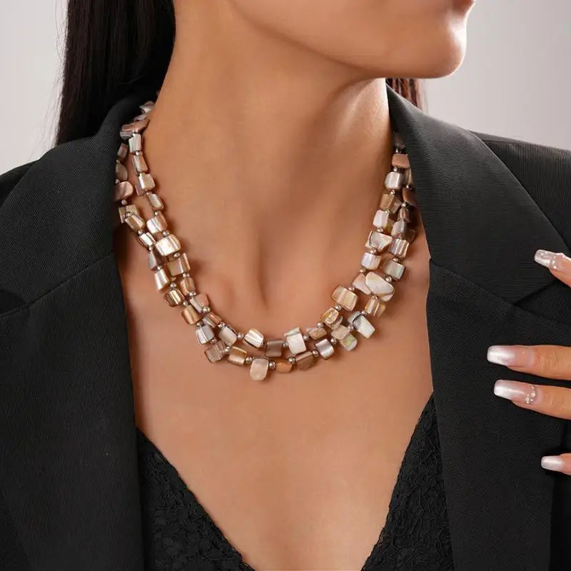 Boho Double-Layer Shell & Irregular Bead Long Necklace – Vintage Summer Jewelry