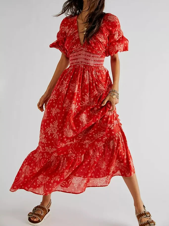 Floral Boho Midi Dress | V-Neck Puff Sleeve Hollow-Out