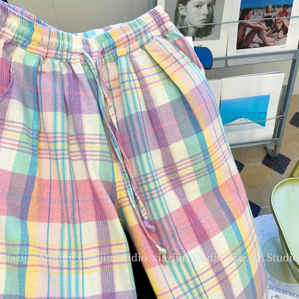 Color plaid wide-leg pants women's summer high waist retro Joker design loose pocket straight casual pants.