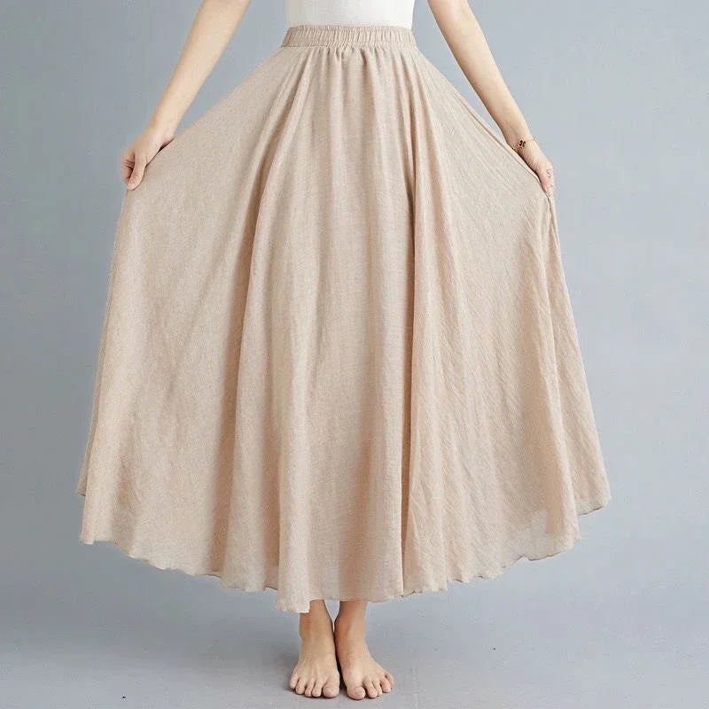 Boho Cotton Linen Maxi Skirt | Elastic Waist Pleated Floor-Length Skirt