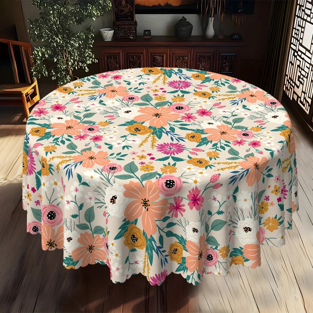 Boho Floral Round Tablecloth | Colorful Flower & Leaf Print