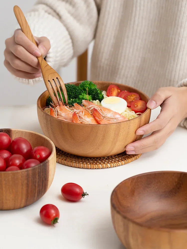 Solid Acacia Wood Bowl | Hand-Crafted Japanese-Style Wooden Salad & Serving Bowl