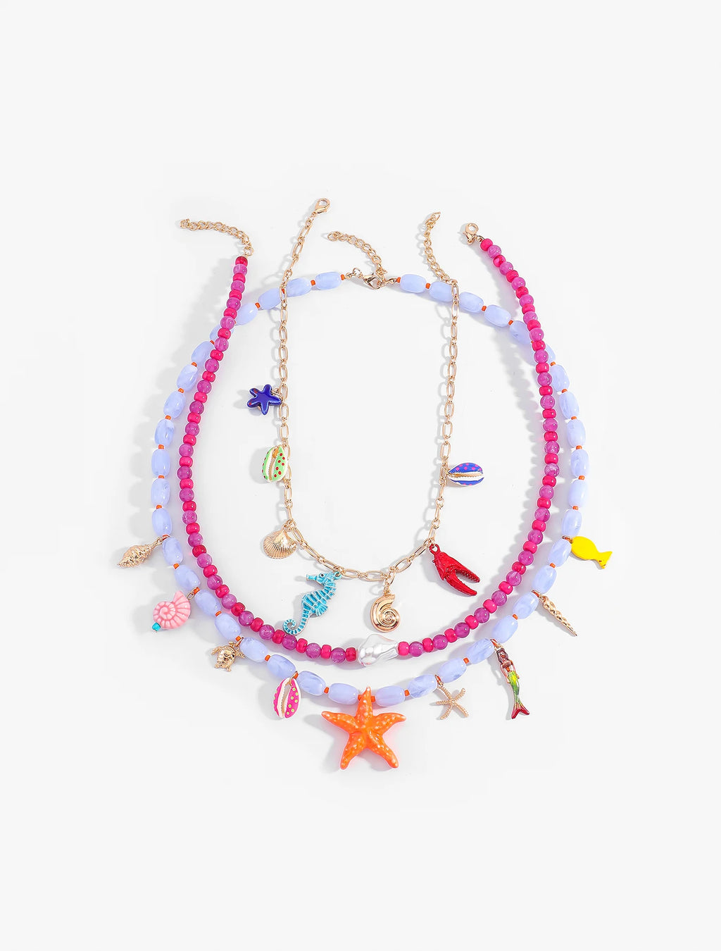 Boho Multilayer Ocean Charm Beaded Statement Necklace – Colorful Sea Animal Design