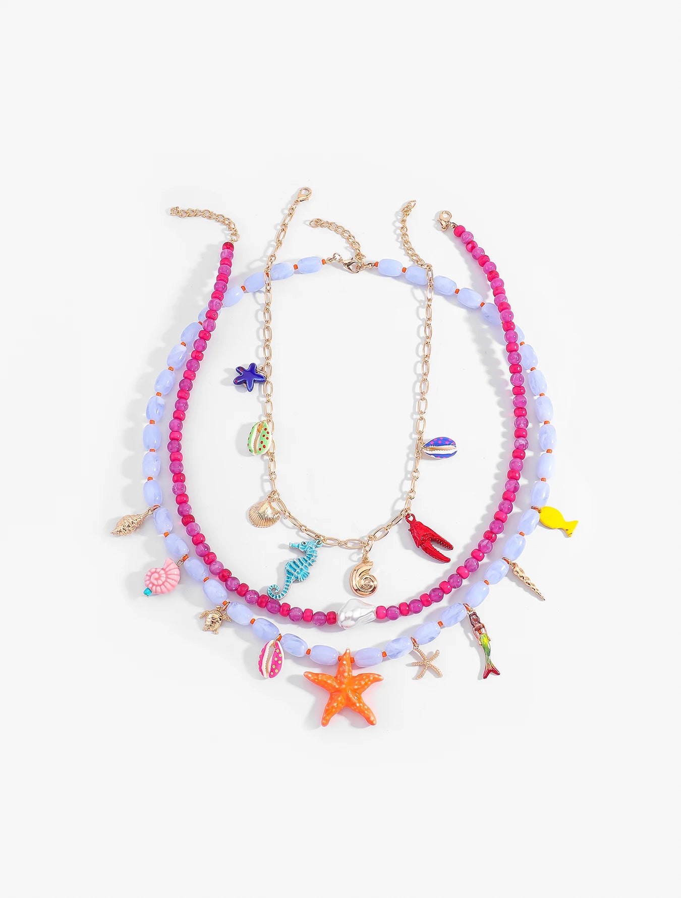 Boho Multilayer Ocean Charm Beaded Statement Necklace – Colorful Sea Animal Design
