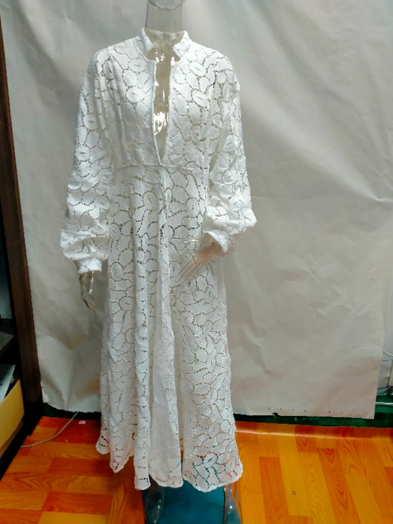 Elegant White Hollow-Out Maxi Dress