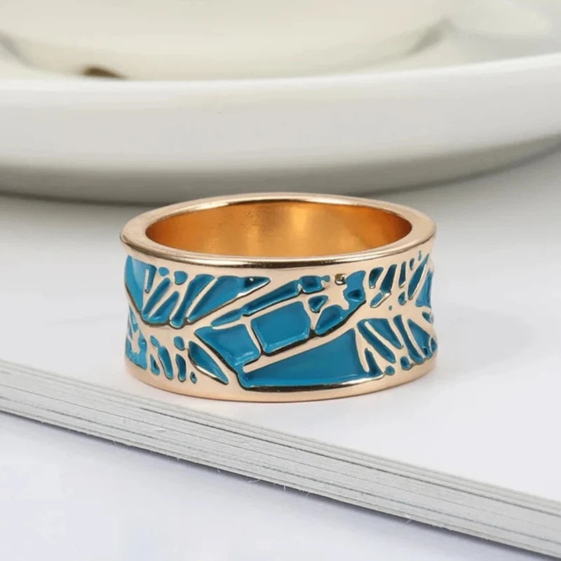 Boho Blue Enamel Plant Tree Pattern Ring – Creative Nature-Inspired Statement Ring