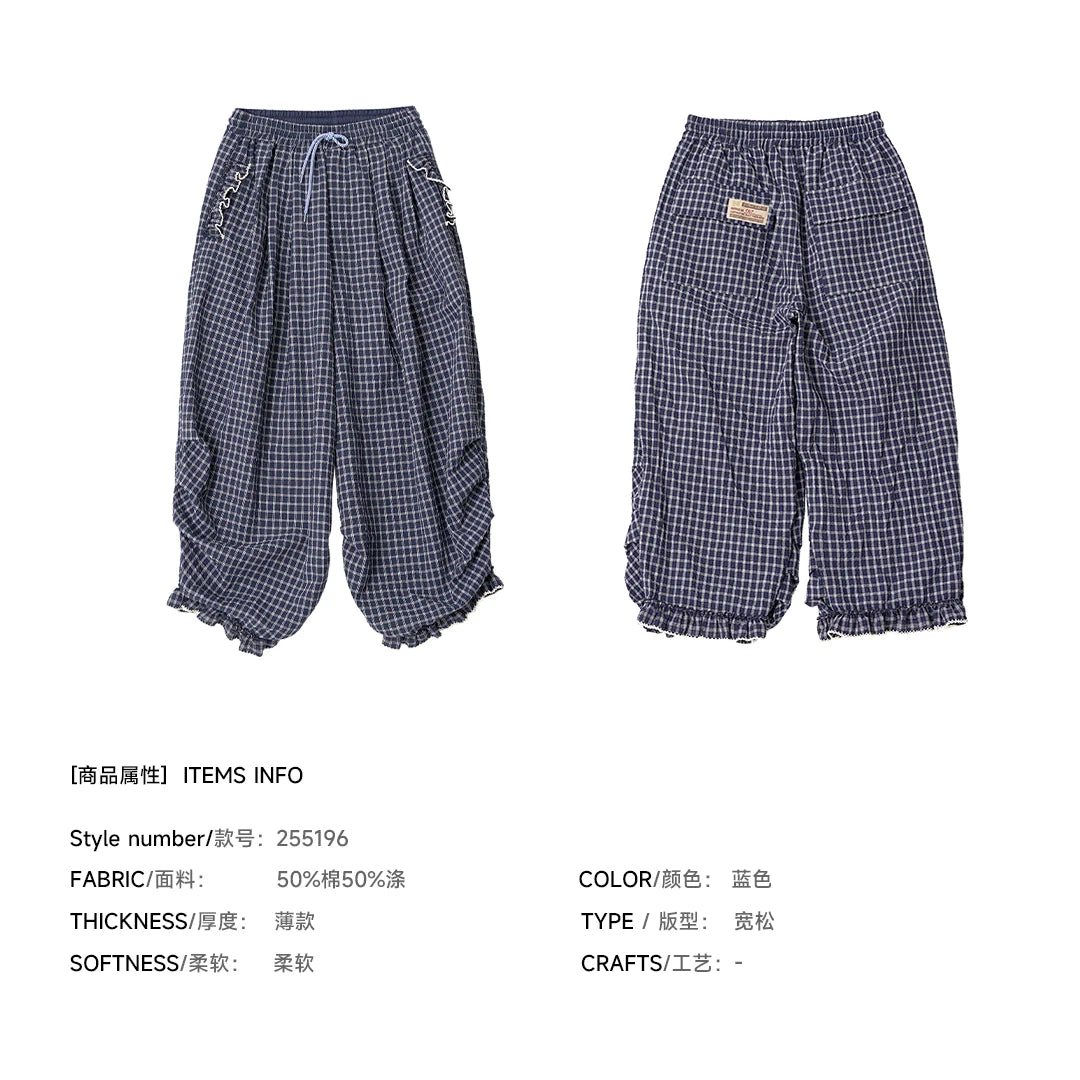 Women's Blue Plaid Wide Leg Pants – Casual Elastic Waist Trousers