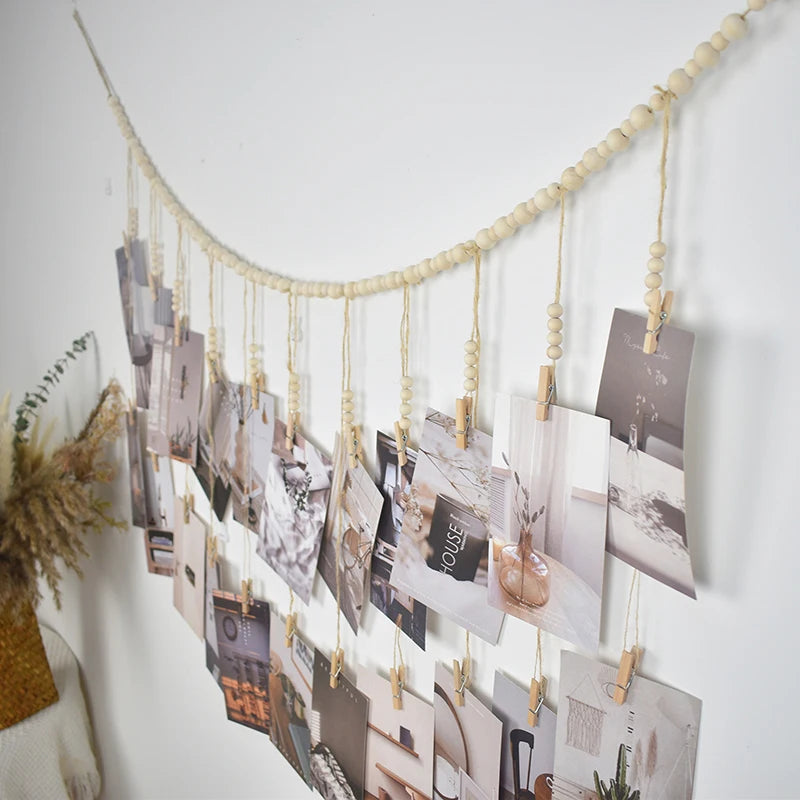 Boho Macrame Photo Display Wall Hanging – Wooden Bead Tapestry