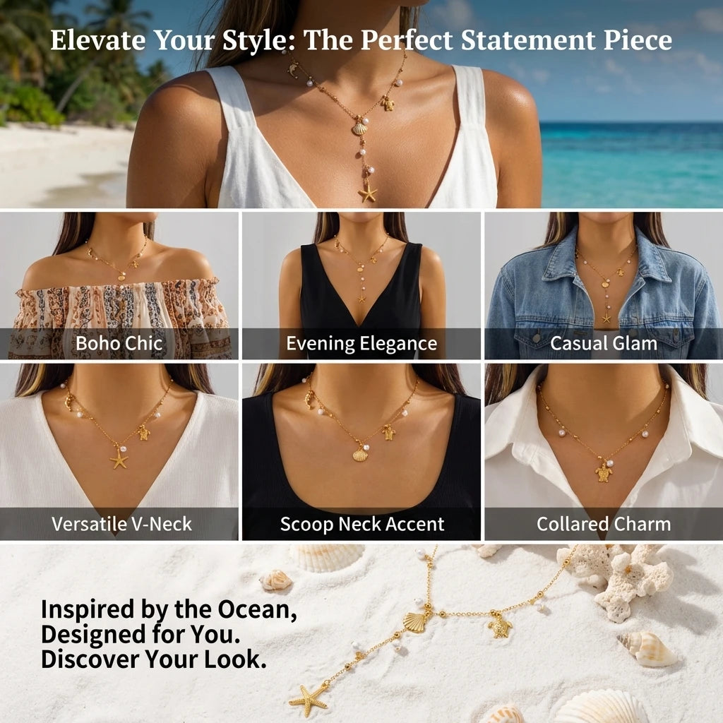 Boho Beach Y-Drop Chain Necklace – Sea Turtle, Dolphin, Starfish & Shell Pendants