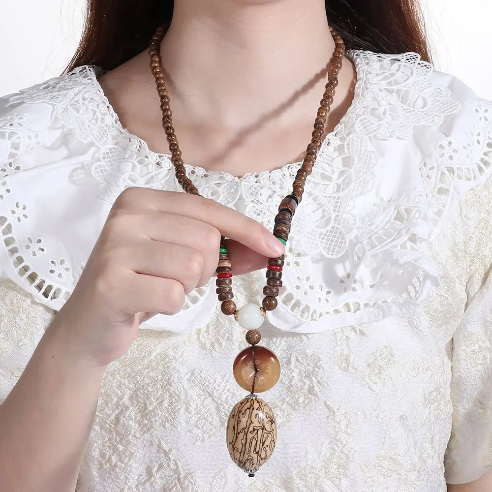 Boho Handmade Nepal Buddhist Mala Wood Bead Long Pendant Necklace – Unisex Ethnic Jewelry