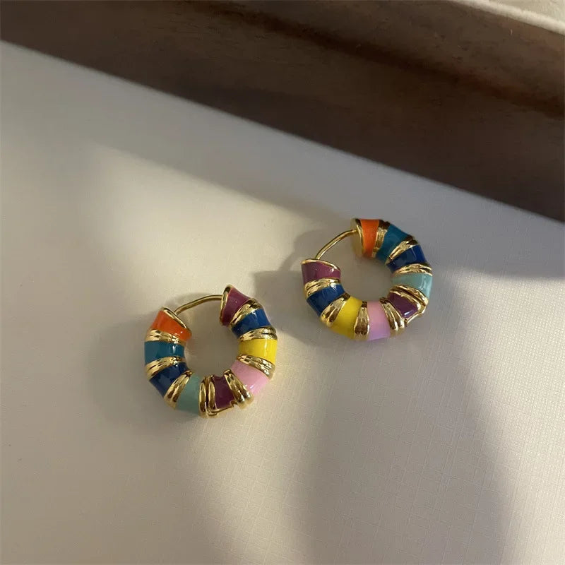Boho Colorful Enamel Rainbow Hoop Earrings – Gold-Tone Charm Earrings for Women