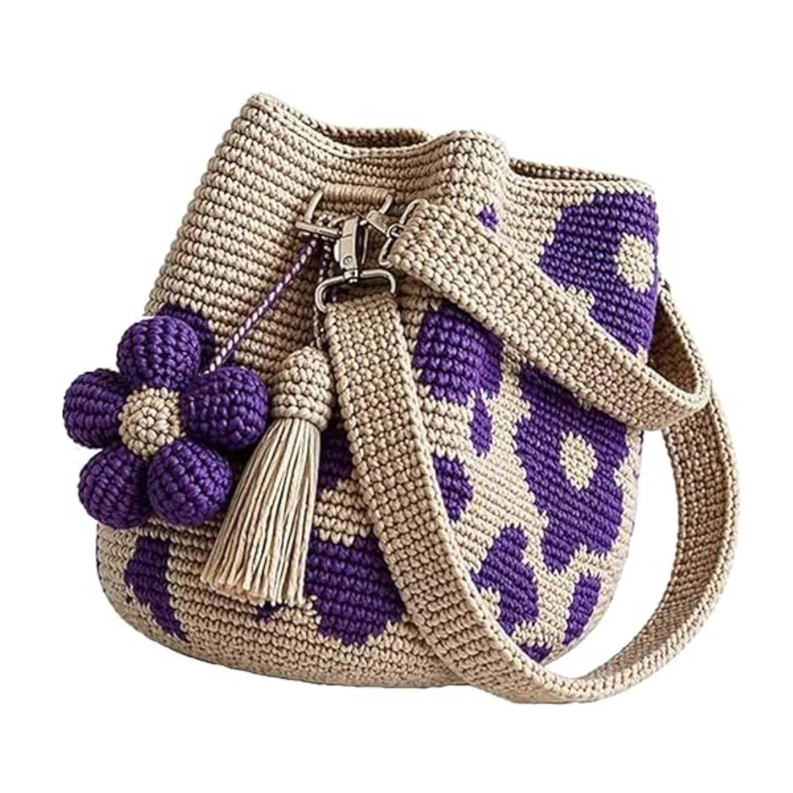 Boho Embroidery Bucket Bag | Drawstring Purse with Flower Tassel