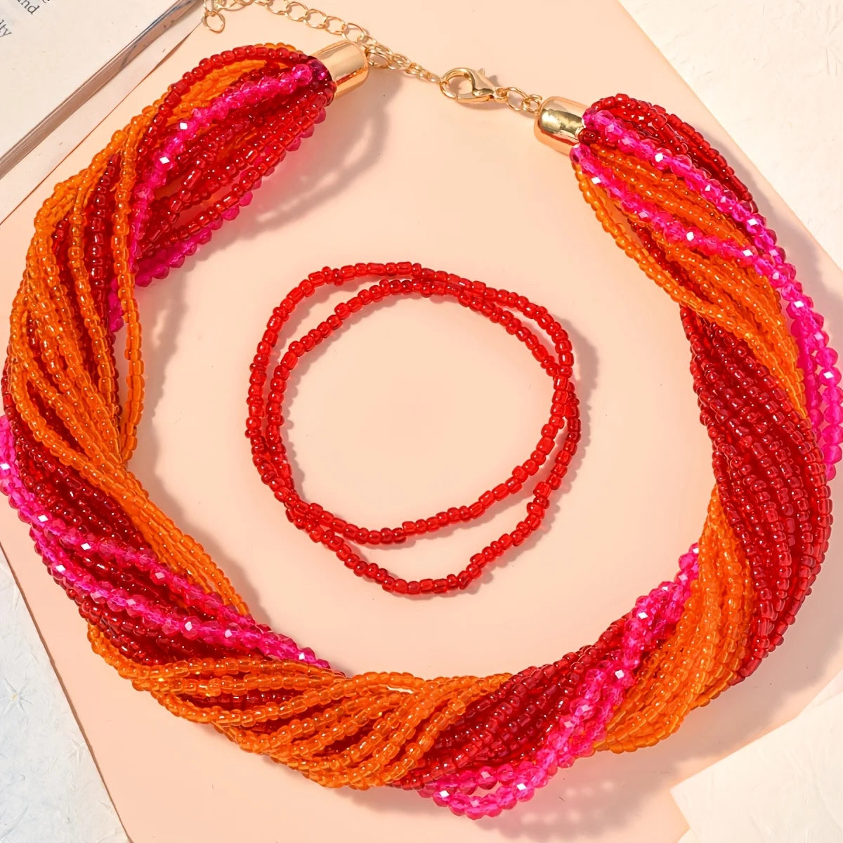 Boho Colorful Multilayer Glass Bead Necklace & Bracelet Set