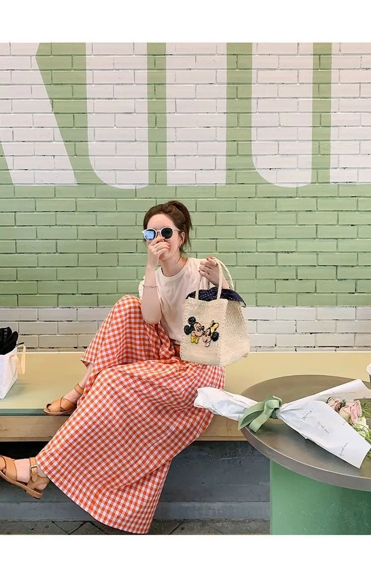 Plaid Wide Leg Pants Women Baggy Korean Style Panelled Temper Trousers Streetwear Pantalones Clothes Summer A-line Teens College