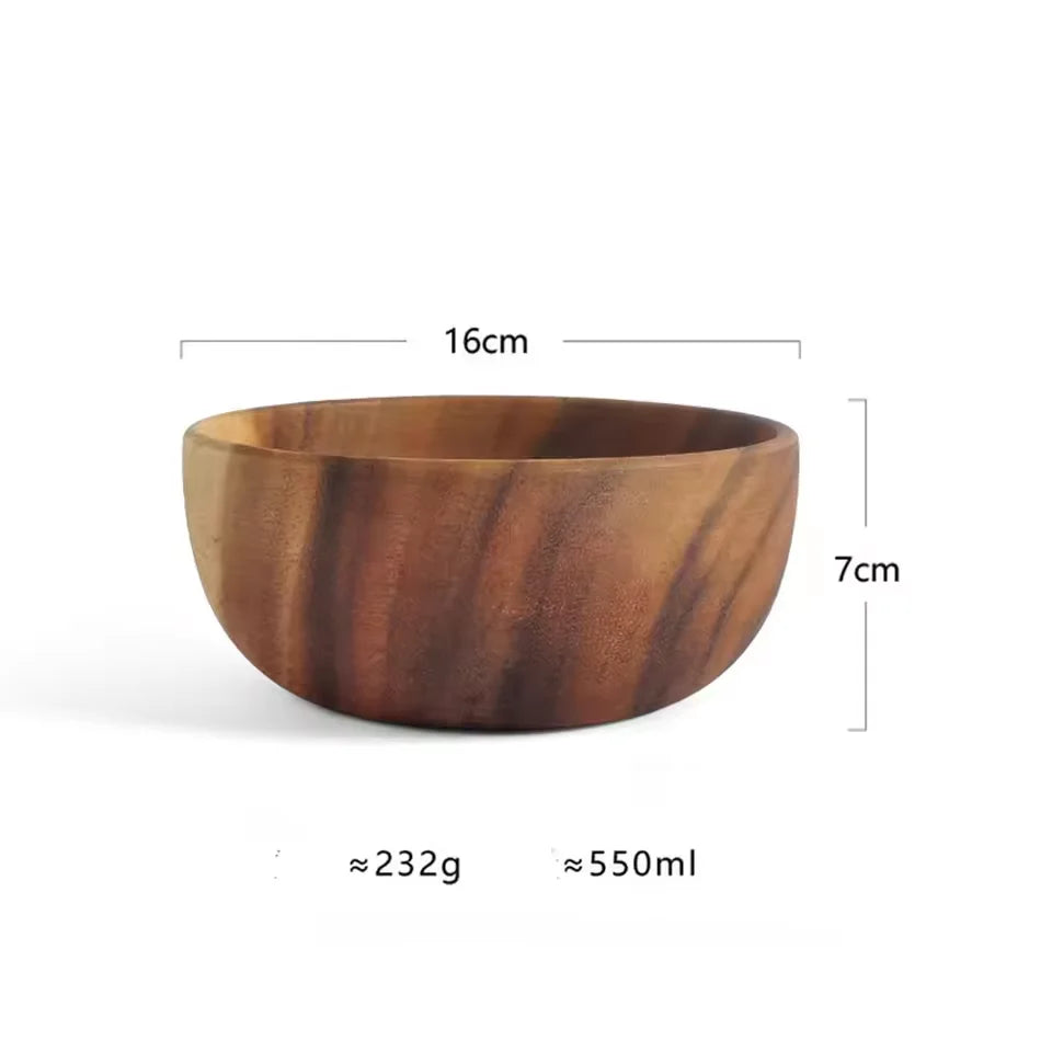 Solid Acacia Wood Bowl | Hand-Crafted Japanese-Style Wooden Salad & Serving Bowl