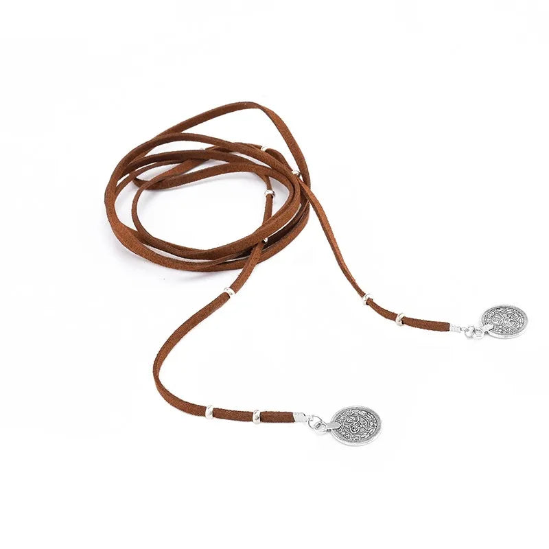 Boho Velvet Coin Pendant Long Necklace – Gothic Rope Chain Maxi Necklace