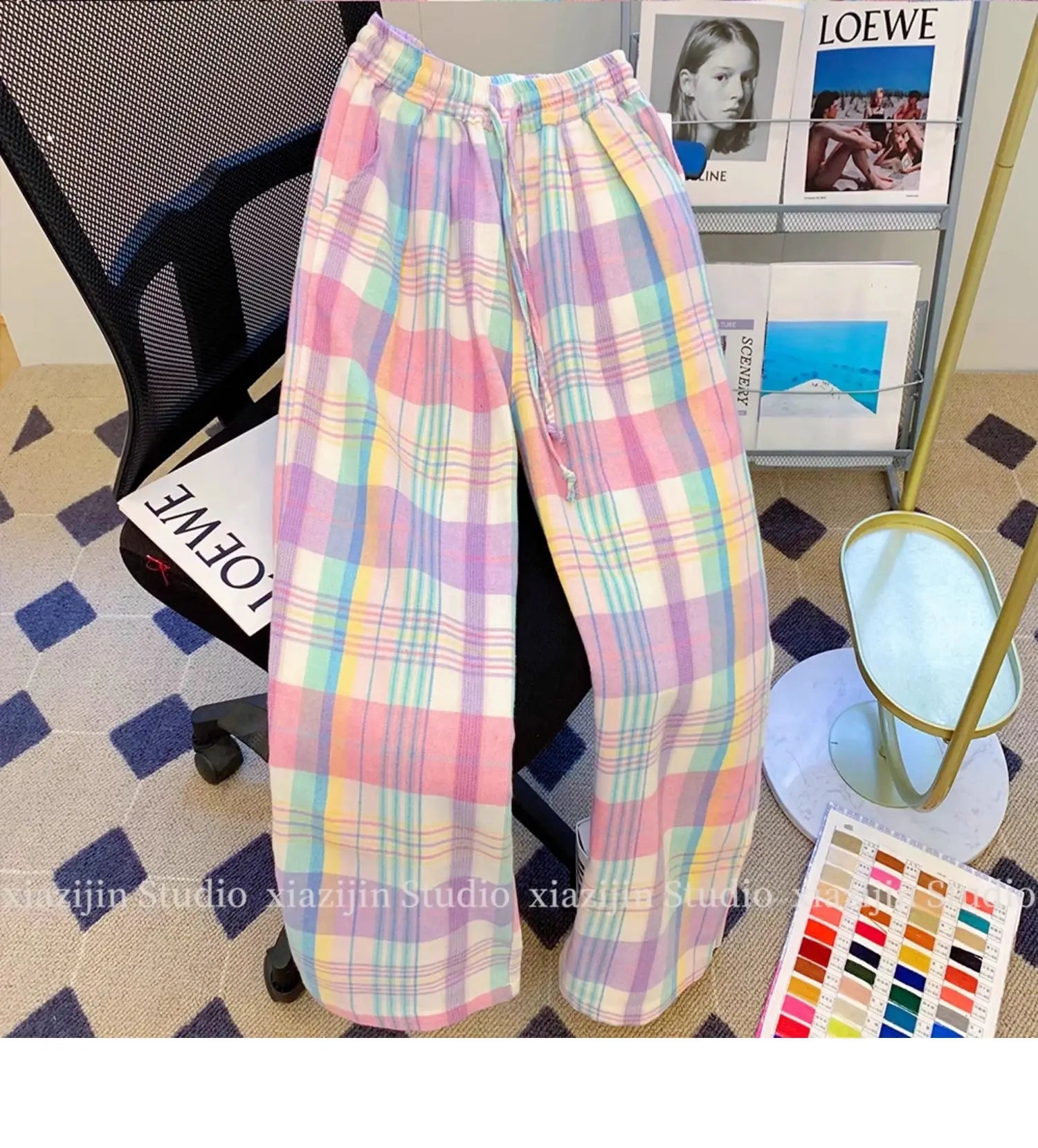 Color plaid wide-leg pants women's summer high waist retro Joker design loose pocket straight casual pants.