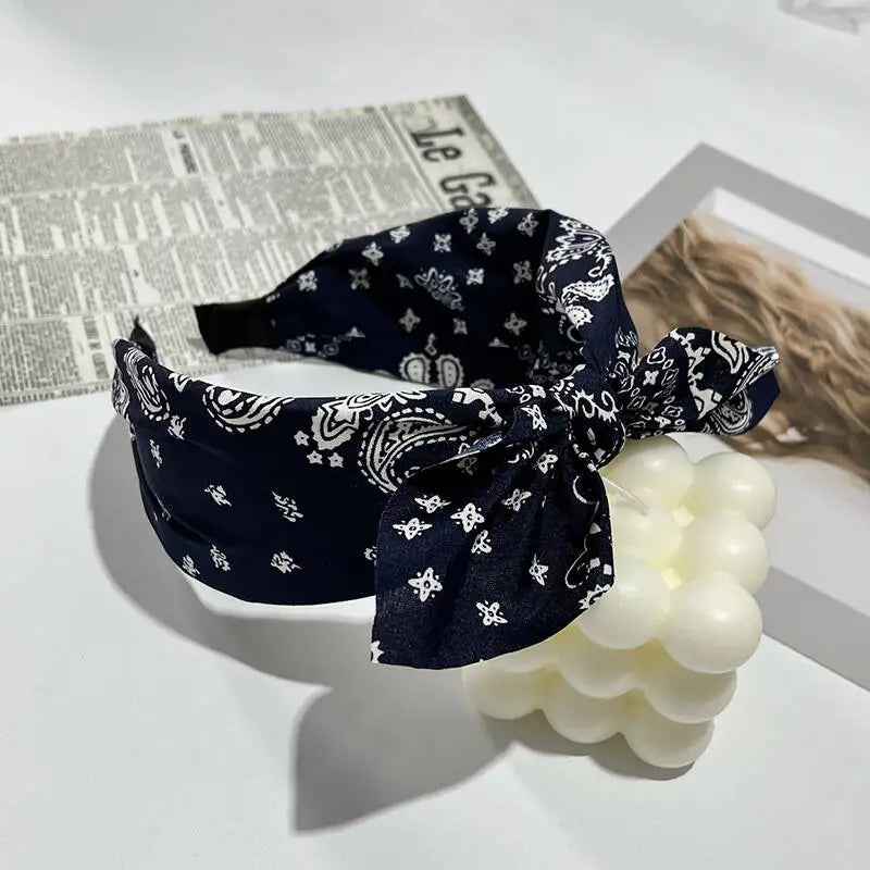 Boho Bow Print Wide Headband – Vintage Silk Cross-Knot Hair Hoop