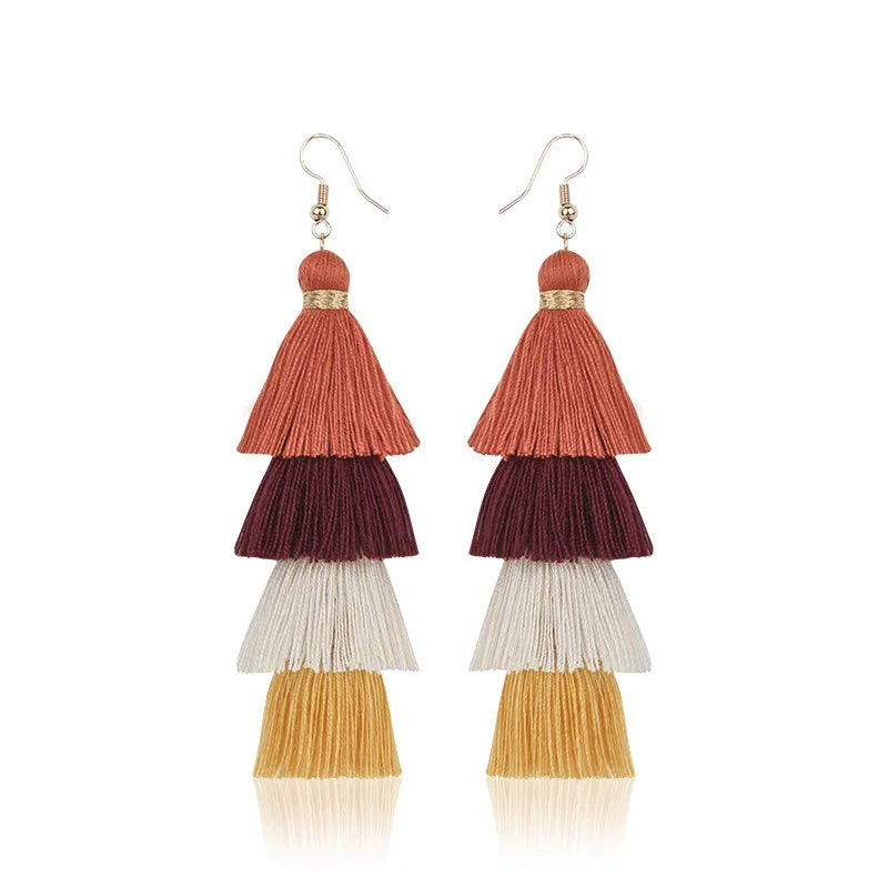 Boho 4-Layer Tassel Fringe Dangle Earrings – Ethnic Long Statement Drop Earrings