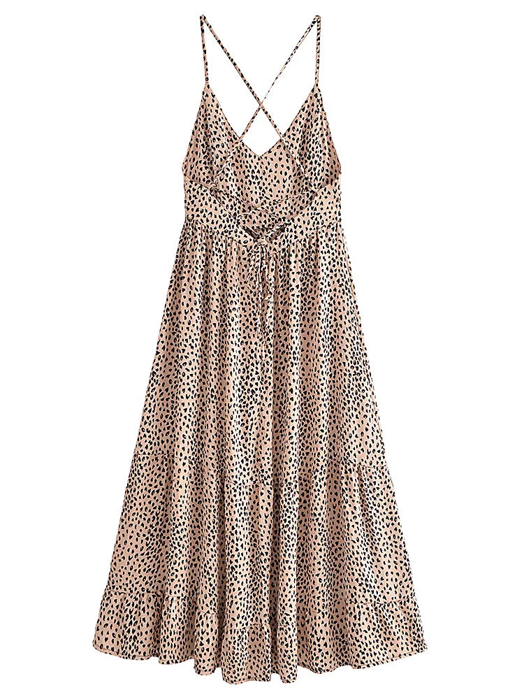 Leopard Print Boho Maxi Dress | Backless Spaghetti Strap