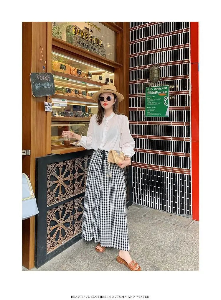 Plaid Wide Leg Pants Women Baggy Korean Style Panelled Temper Trousers Streetwear Pantalones Clothes Summer A-line Teens College