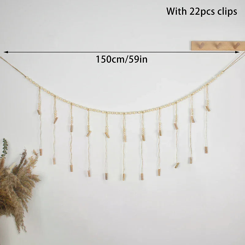 Boho Macrame Photo Display Wall Hanging – Wooden Bead Tapestry