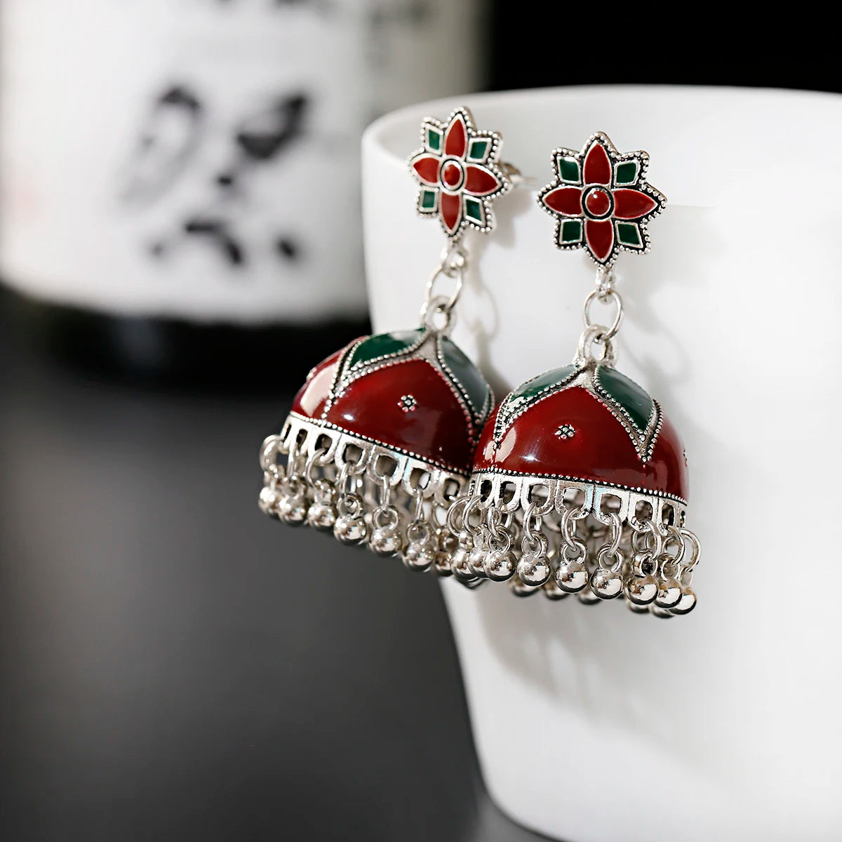 Boho Ethnic Flower Enamel & Bell Tassel Drop Earrings – Vintage Gold Crystal Bead