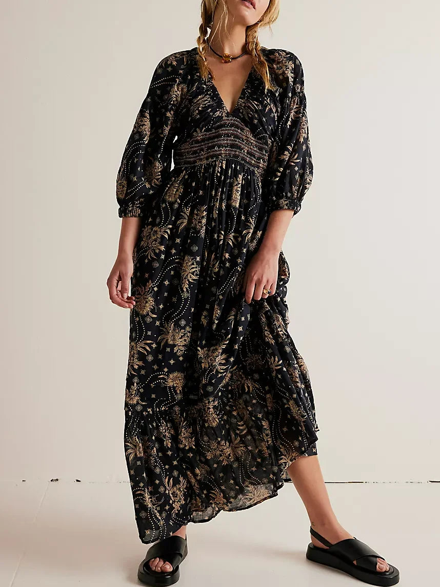 Floral Boho Midi Dress | V-Neck Puff Sleeve Hollow-Out