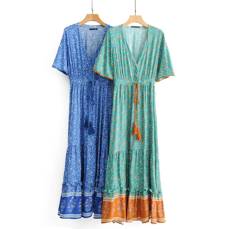 Boho Tassel Maxi Dress | Floral Print V-Neck Batwing Sleeve