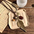 Vintage Boho Handmade Leaf Pendant Layered Long Necklace – Antique Collar Chain