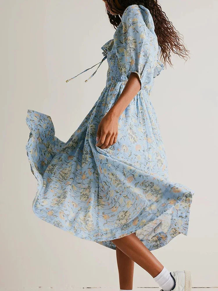 Backless Boho Maxi Dress | Puff Sleeve Empire Waist A-Line