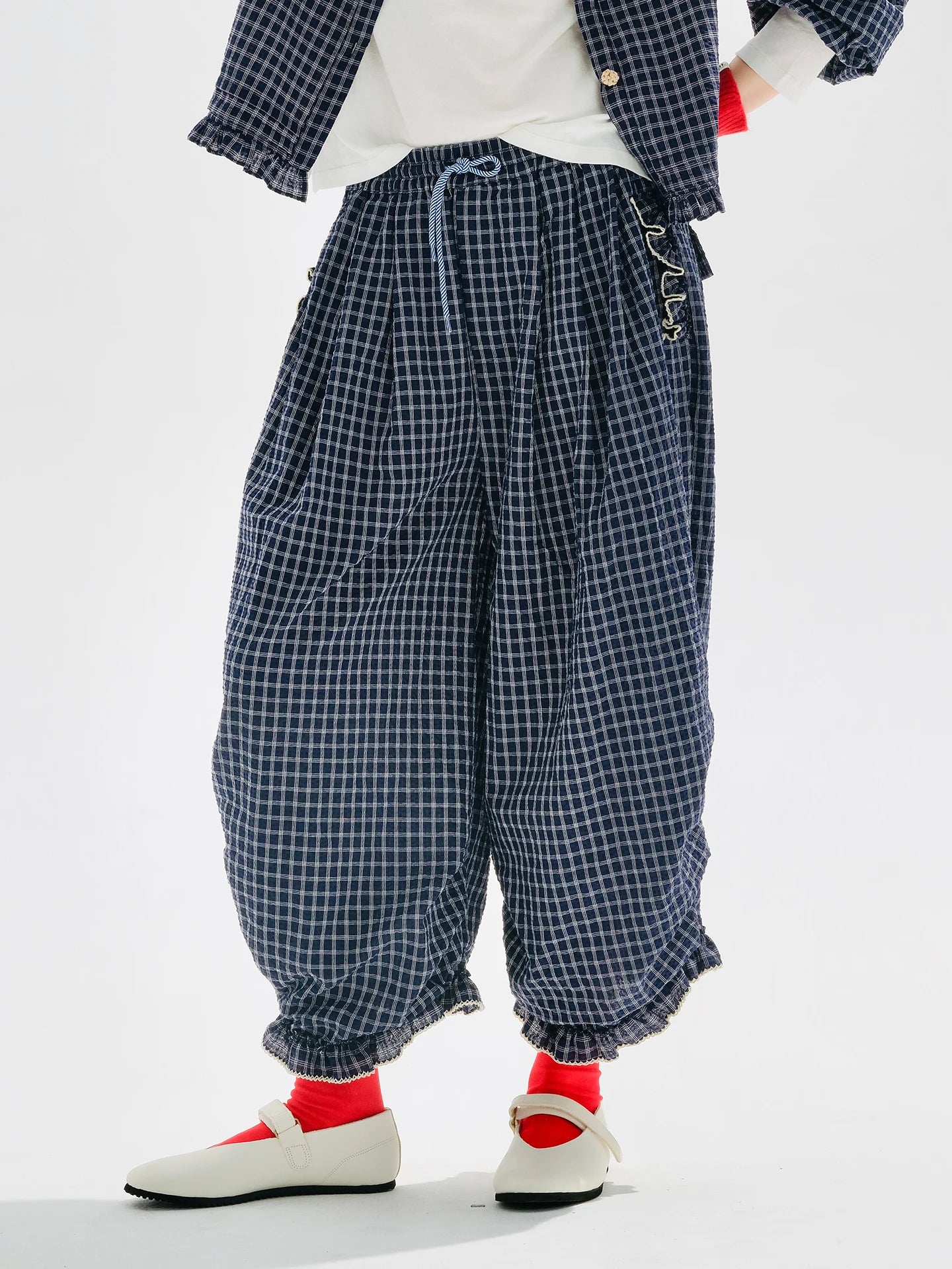Women's Blue Plaid Wide Leg Pants – Casual Elastic Waist Trousers