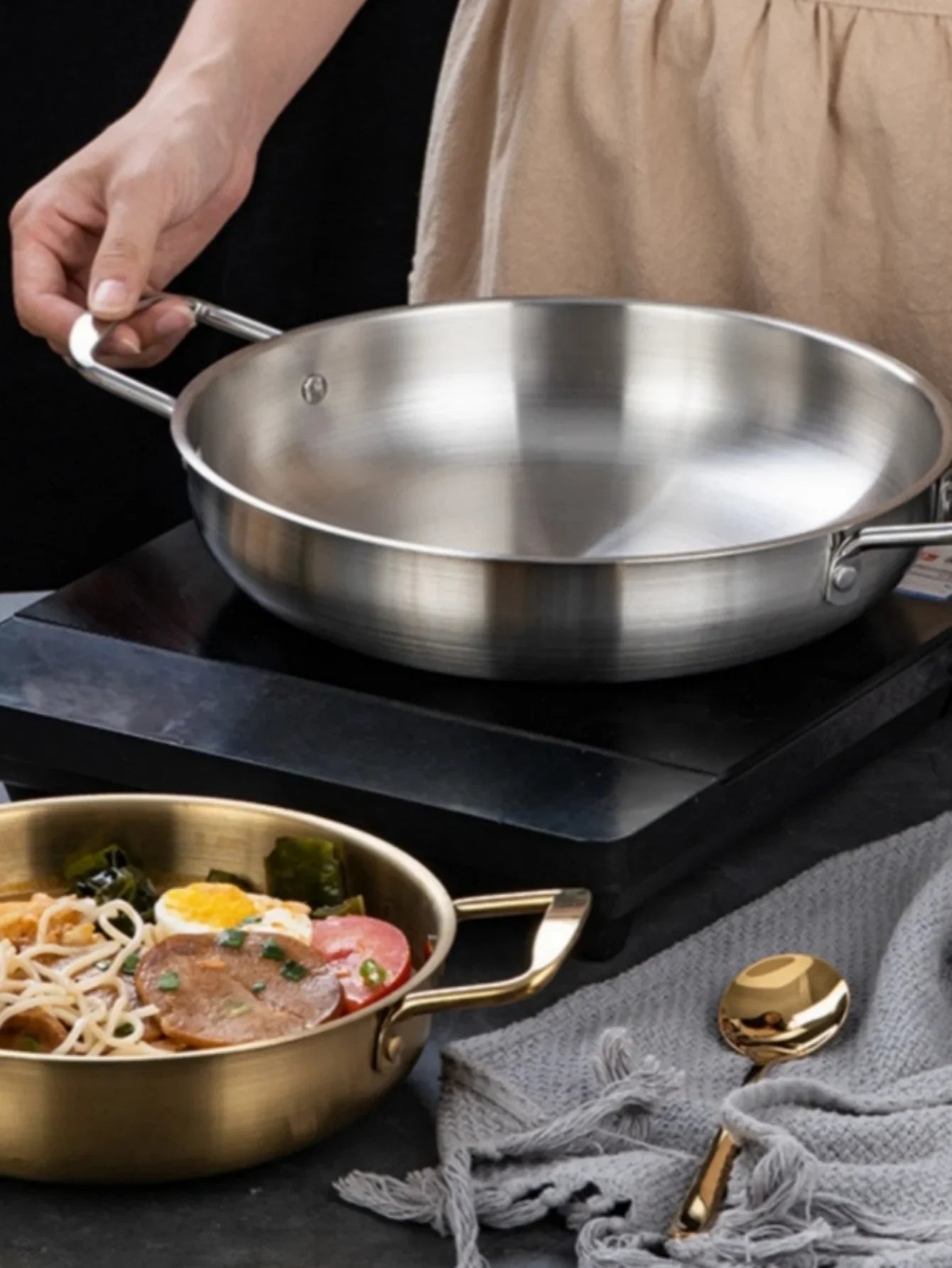 Stainless Steel Cookware Set - Multi-Purpose Saucepan, Paella & Skillet for Home Cooking, Picnic & Seafood