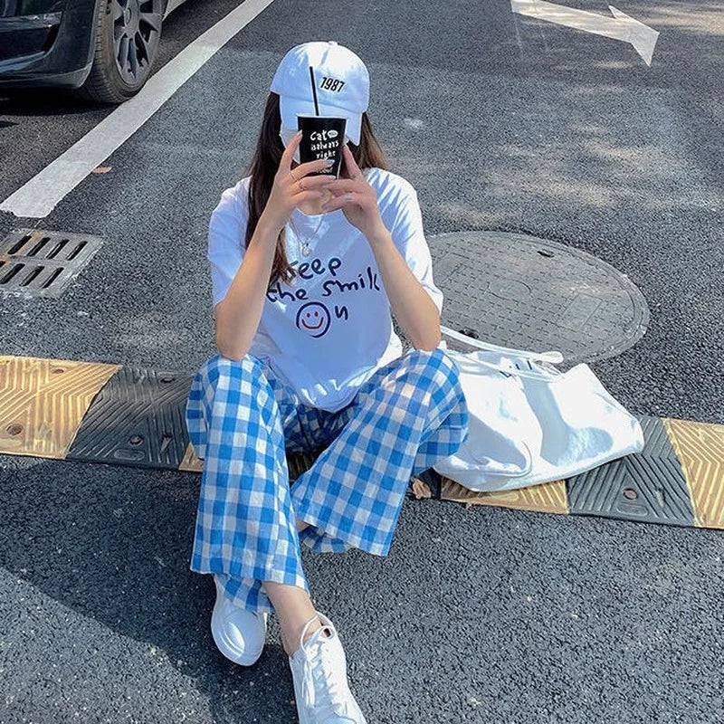 Pants Women Plaid High Waist Hot Sale Summer Loose Korean Style Wide Leg Pockets All-match Stylish New Arrivals Popular Female