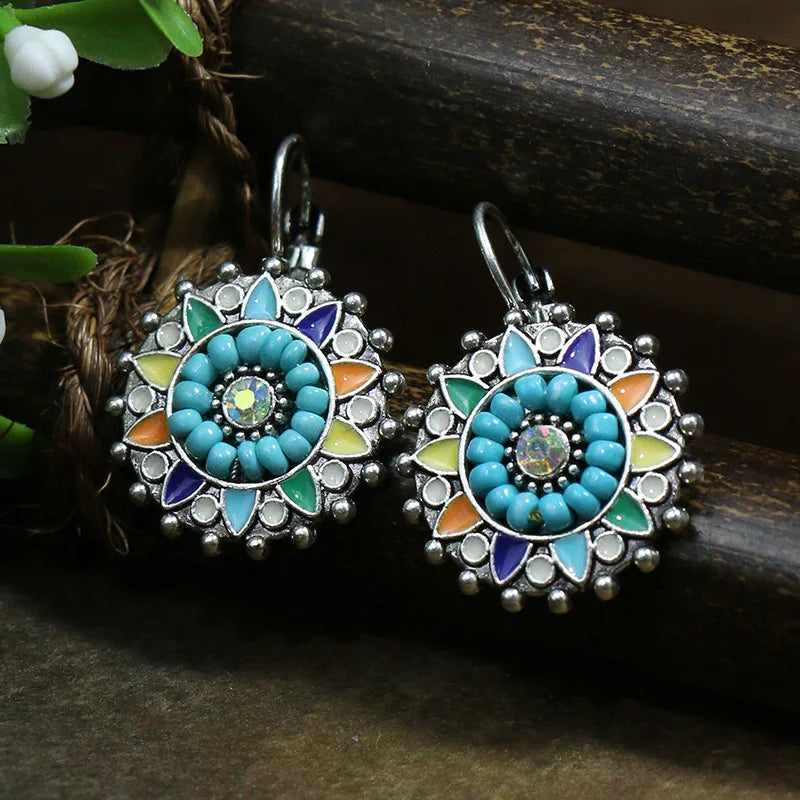 Boho Vintage Flower & Wood Beaded Drop Earrings