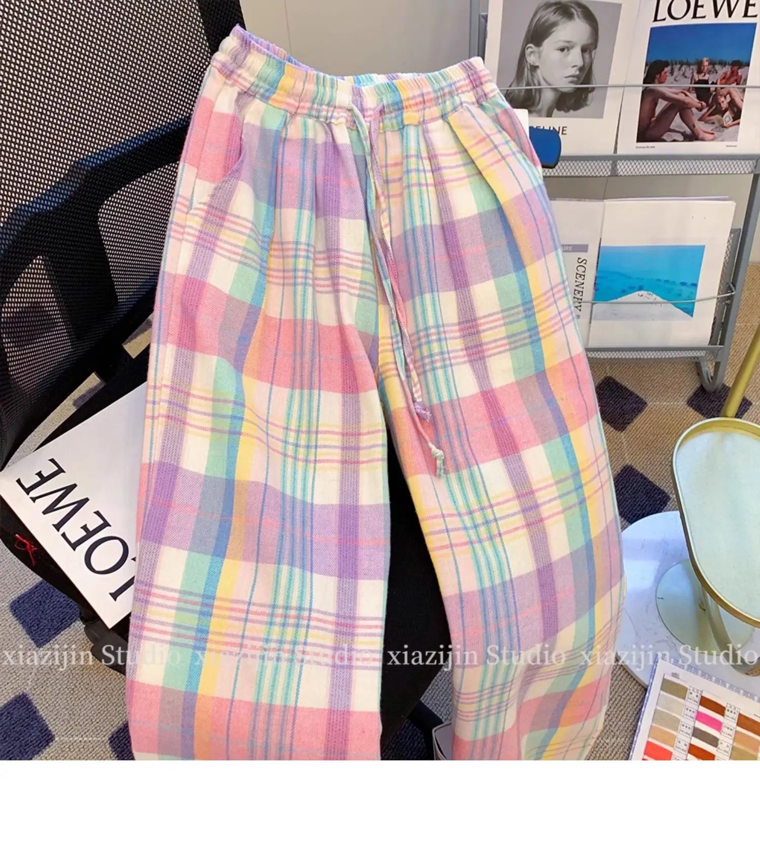 Color plaid wide-leg pants women's summer high waist retro Joker design loose pocket straight casual pants.