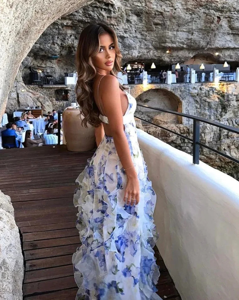 Floral Camisole Boho Maxi Dress | Bare Shoulder Ruffle A-Line