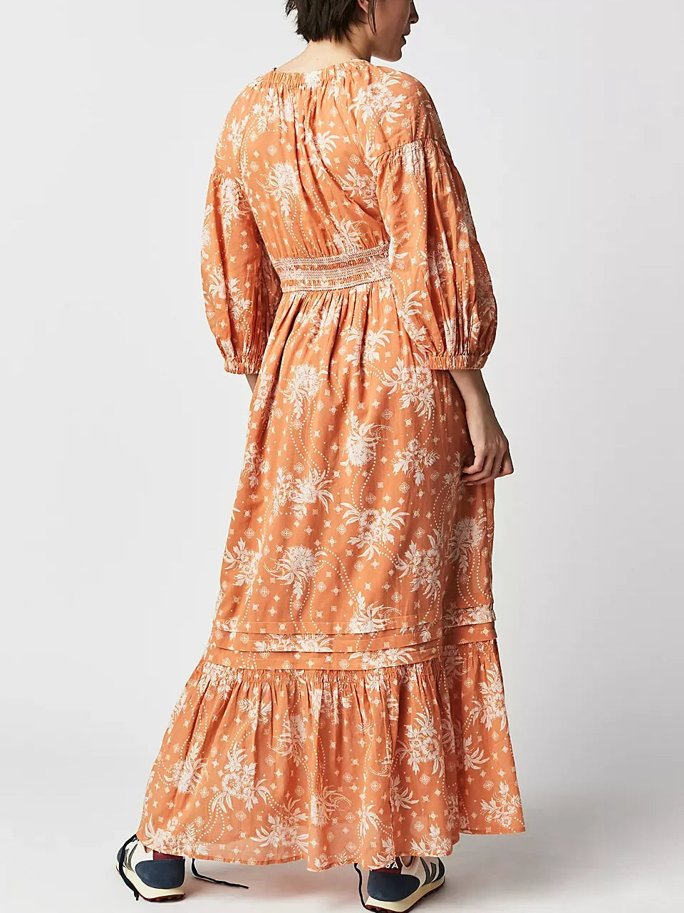 Floral Boho Midi Dress | V-Neck Puff Sleeve Hollow-Out