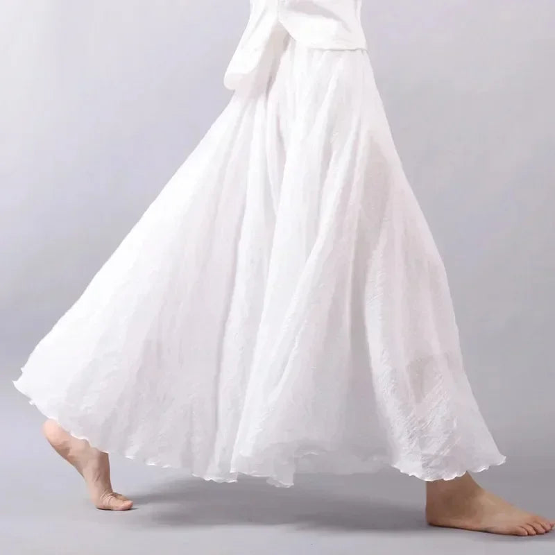 Boho Cotton Linen Maxi Skirt | Elastic Waist Pleated Floor-Length Skirt